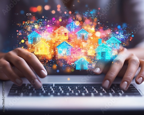 Person typing on a laptop, with floating digital houses above the keyboard, representing the intersection of real estate marketing and social media for businesses