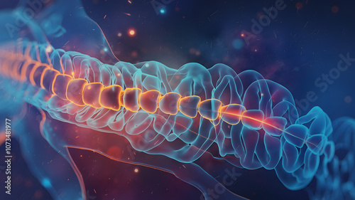 Detailed illustration of a human spine with vibrant colors depicting the nervous system and its intricate structures photo