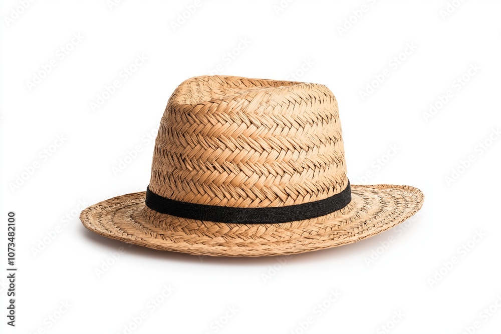Woven straw hat with black band on white.