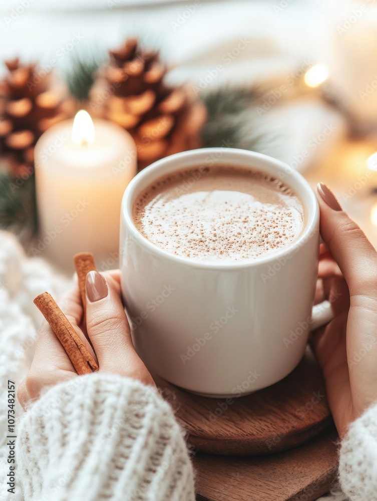 Cozy winter scene with a warm cup of coffee and cinnamon sticks, AI Cozy winter scene with a warm cup of coffee and cinnamon sticks, AI
