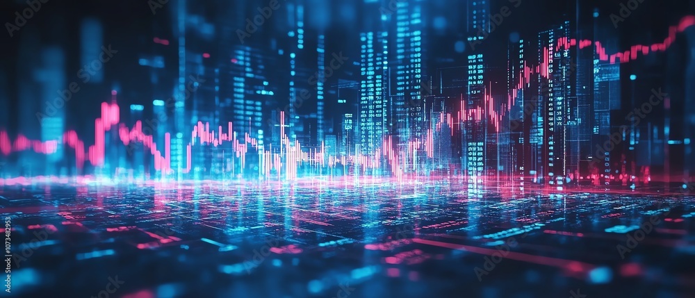 Stock chart on a blue background with arrows showing upward and downward movement, depicting growth and volatility in business performance Stock chart on a blue background with arrows showing upward and downward movement, depicting growth and volatility in business performance
