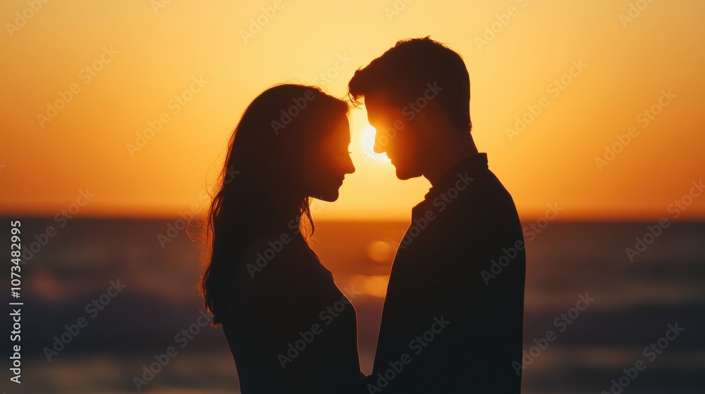 Fototapeta premium Romantic Couple Silhouetted at Sunset on the Beach