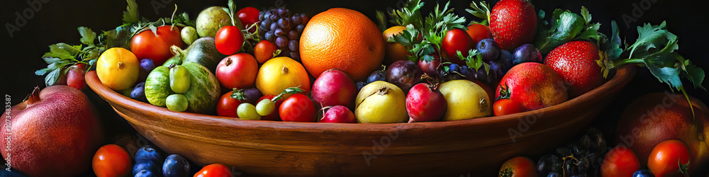 An earthy bowl of colorful fruits and vegetables, overflowing with vitality. An earthy bowl of colorful fruits and vegetables, overflowing with vitality.