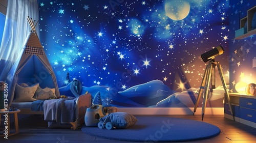 Image generated by Ai. Unique wall decor and wallpaper depicting the stars, sky and universe. Special wallpaper in a children's room.