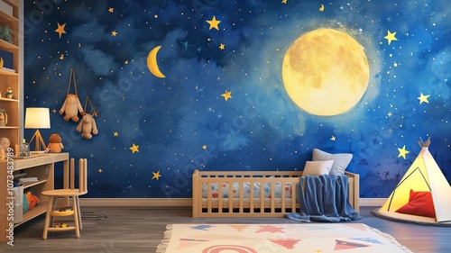 Image generated by Ai. Unique wall decor and wallpaper depicting the stars, sky and universe. Special wallpaper in a children's room.