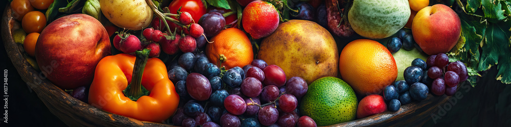 An earthy bowl of colorful fruits and vegetables, overflowing with vitality. An earthy bowl of colorful fruits and vegetables, overflowing with vitality.