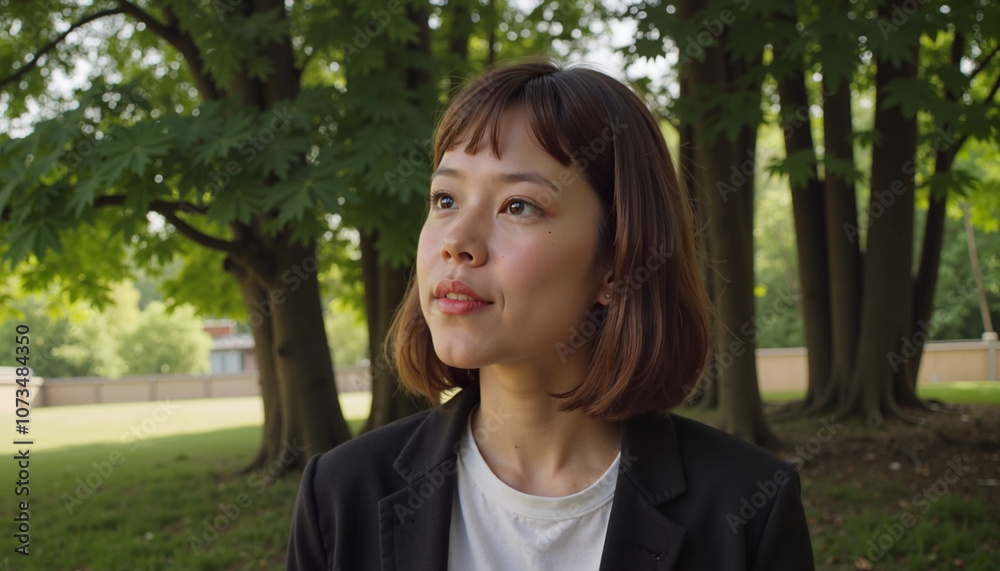 Thoughtful young teacher in a casual blazer, enjoying nature under the trees Thoughtful young teacher in a casual blazer, enjoying nature under the trees