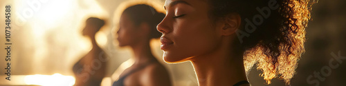 Yoga Flow: A group of people in various yoga poses, exhaling deeply in a peaceful, sunlit studio.