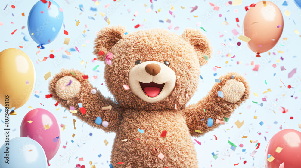 A teddy bear is surrounded by colorful balloons and confetti, looking happy A teddy bear is surrounded by colorful balloons and confetti, looking happy