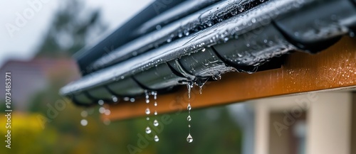 Close-up of raindrops dripping from rooftop gutter, symbolizing nature and tranquility
