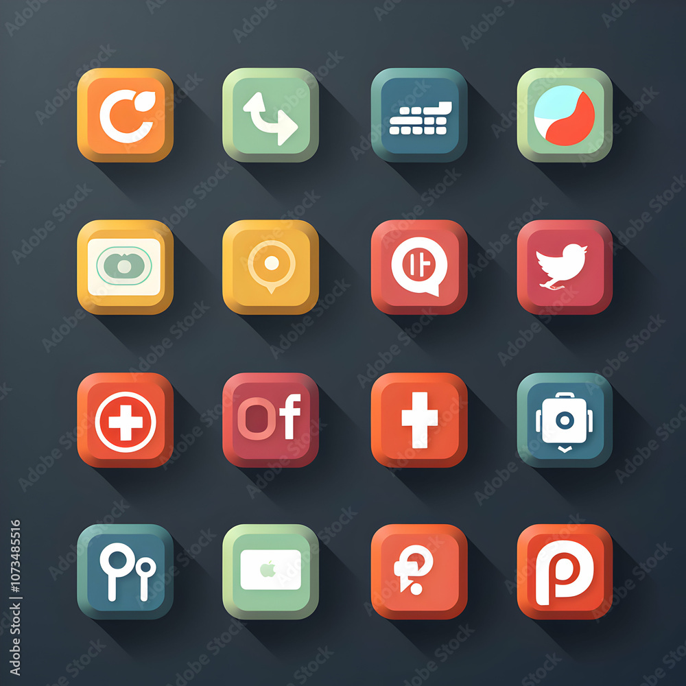 A collection of colorful app icons with long shadows, representing different functions and features. A collection of colorful app icons with long shadows, representing different functions and features.