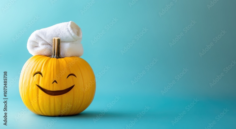 Fototapeta premium Pumpkin with folded towel and dried autumn branch, symbolizing seasonal decor 