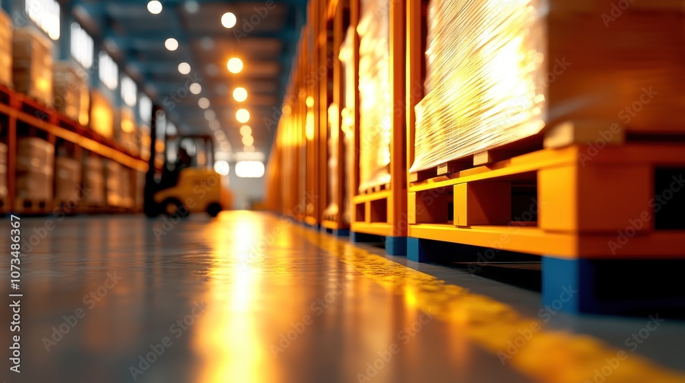 A View Inside a Modern Warehouse with Pallets and Forklift in the Background, Showcasing Organized Inventory Management and Efficient Supply Chain Operations A View Inside a Modern Warehouse with Pallets and Forklift in the Background, Showcasing Organized Inventory Management and Efficient Supply Chain Operations