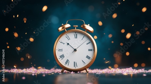 Vintage alarm clock surrounded by sparkling confetti