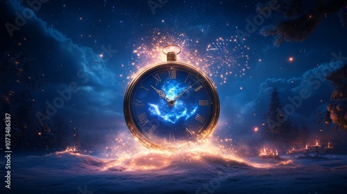 Fototapeta Naklejka Na Ścianę i Meble -  Enchanted pocket watch glowing in a mystical winter landscape