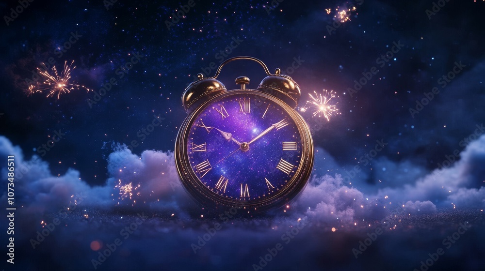 Enchanted clock surrounded by cosmic fireworks and clouds Enchanted clock surrounded by cosmic fireworks and clouds