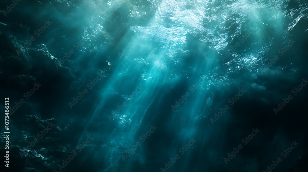 A serene underwater scene with light rays penetrating the water's surface. A serene underwater scene with light rays penetrating the water's surface.
