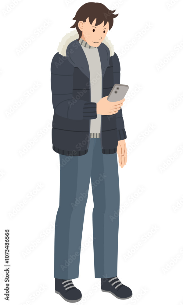 A Young Man Wearing A Black Winter Jacket Standing And Looking At His Smartphone, Vector Illustration A Young Man Wearing A Black Winter Jacket Standing And Looking At His Smartphone, Vector Illustration