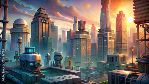 Cartoon robot city with large buildings in the foreground and background, under an orange sky as the sun sets. Background for the game.