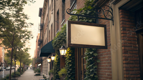 Blank beige sign mounted on brick building with ivy, historical urban setting. Concept of retail business, heritage property, boutique shop.
