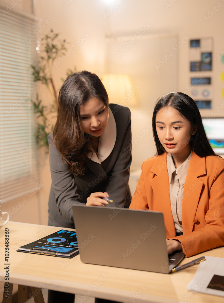 Two asian businesswomen working together using a laptop in a brightly lit office meeting room, discussing strategy and analyzing financial data Two asian businesswomen working together using a laptop in a brightly lit office meeting room, discussing strategy and analyzing financial data
