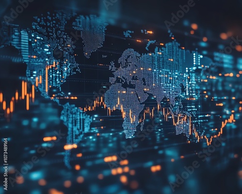 Bluehued world map with stock market graphs and charts, showcasing candlestick patterns and line chart data visualizations for finance photo