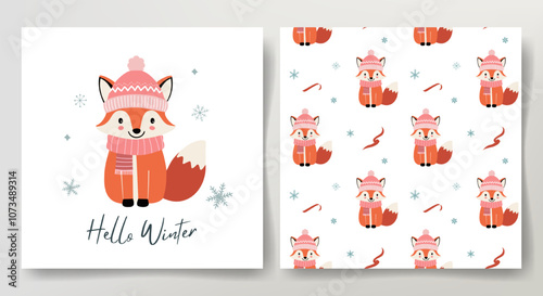 Seamless pattern and winter card with cute fox in warm clothes. Christmas template. Winter animals.