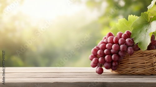 Fresh red grapes in a rustic basket on a wooden table