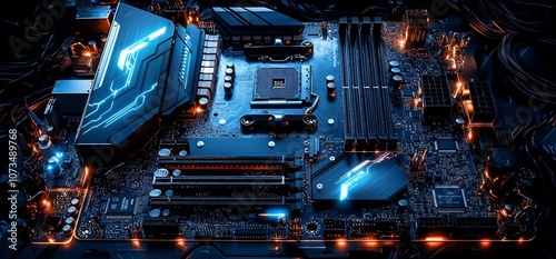 Close-up of a computer motherboard with blue and orange lights. photo