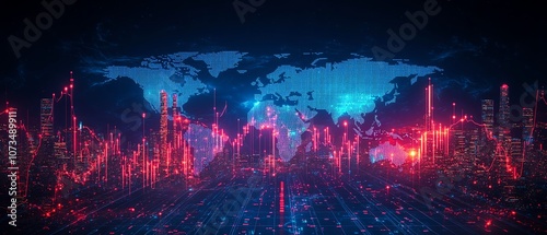 Digital finance background with blue world map, stock market charts, and candlestick line graphs, showcasing data visualizations for investment strategies photo