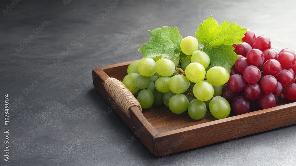 Fresh green and red grapes on a wooden tray Fresh green and red grapes on a wooden tray