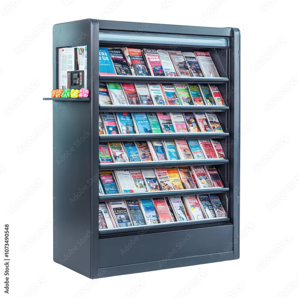 Magazine rack filled with various publications, white isolated background. Magazine rack filled with various publications, white isolated background.