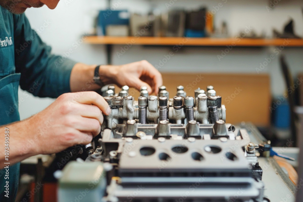 Mechanic working on engine valves in auto repair shop Mechanic working on engine valves in auto repair shop
