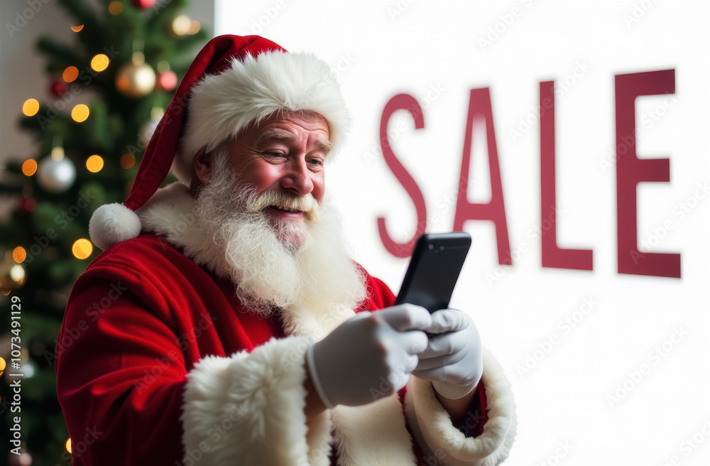 Santa Claus holding a smartphone in front of a white shop window with the text sale