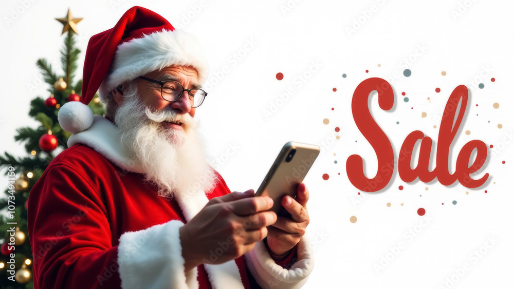 Santa Claus holding a smartphone in front of a white shop window with the text sale Santa Claus holding a smartphone in front of a white shop window with the text sale