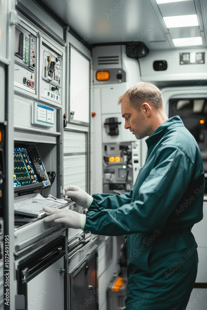 Paramedic preparing medical equipment inside ambulance vehicle Paramedic preparing medical equipment inside ambulance vehicle