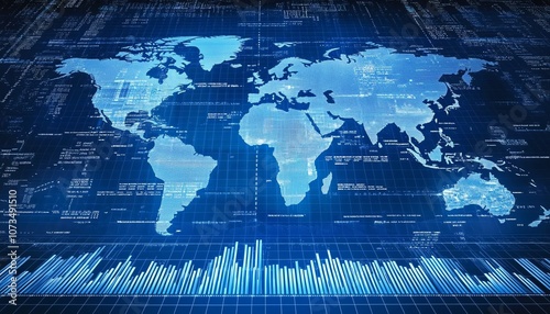 Stock market charts and graphs with world map in blue tones, emphasizing candlestick patterns and line charts for financial analysis