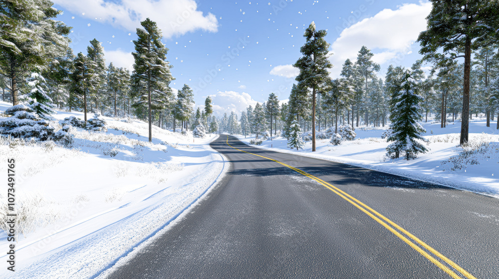 A snowy road with trees in the background A snowy road with trees in the background
