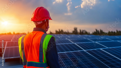 Technician Inspects Solar Panels at Dawn in Sustainable Landscape