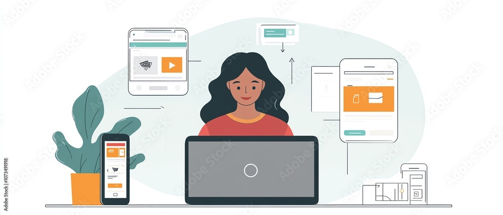 Woman sitting at a laptop browsing an online shopping app, with arrows transferring items to another phone in front, techdriven visual appeal Woman sitting at a laptop browsing an online shopping app, with arrows transferring items to another phone in front, techdriven visual appeal
