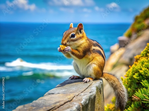 Ocean breeze whispers past a chipmunk, perched on a weathered stone fence. photo