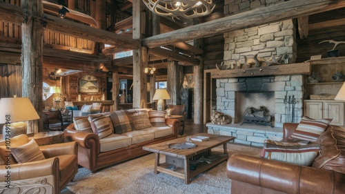 Cozy Rustic Cabin Interior with Stone Fireplace and Wooden Beams