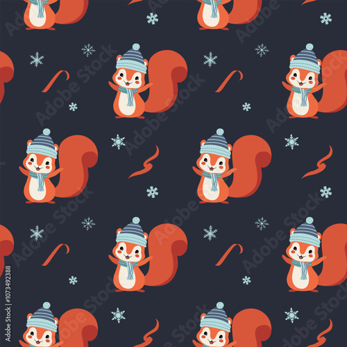 Seamless pattern with cute warm clothed squirrel. Xmas backgrounds. Cartoon winter animals pattern.