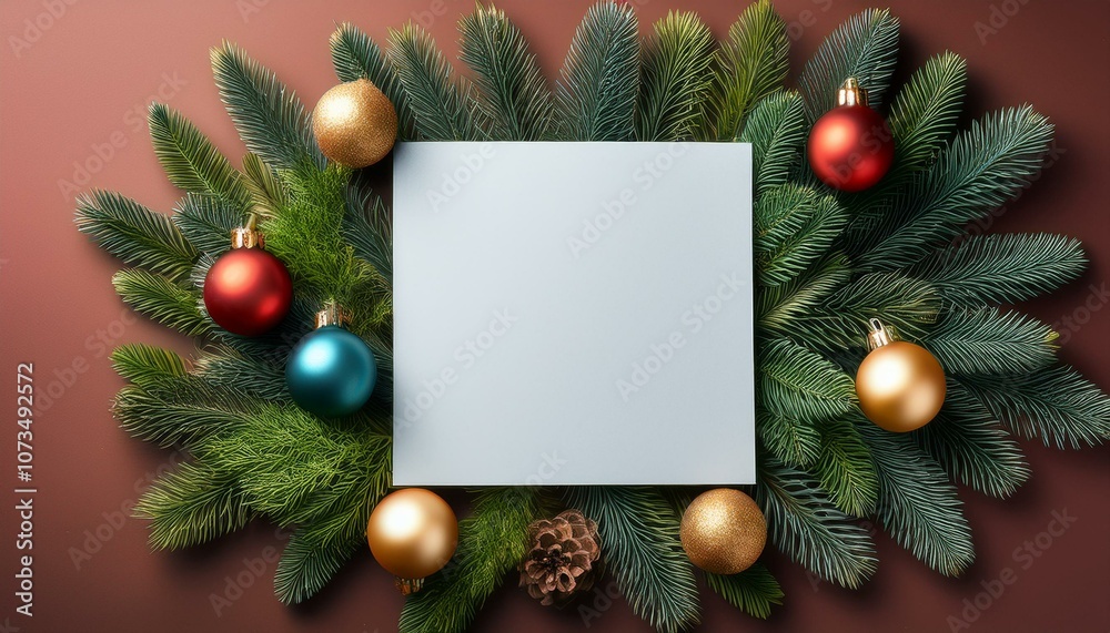 Overhead view of a blank piece of square paper in the middle of a coniferous Christmas wreath decorated with christmas baubles Overhead view of a blank piece of square paper in the middle of a coniferous Christmas wreath decorated with christmas baubles