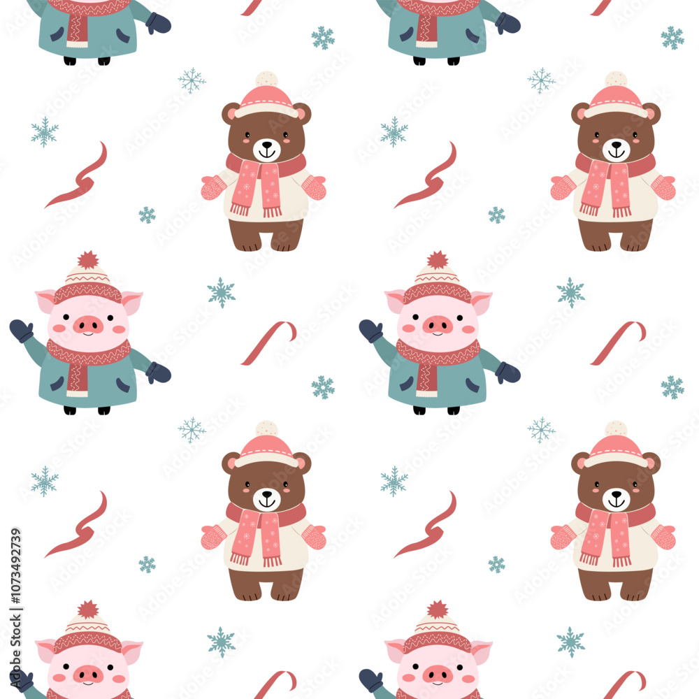 Obraz premium Seamless pattern with warm clothed bear and pig. Cartoon winter animals pattern. Xmas backgrounds.