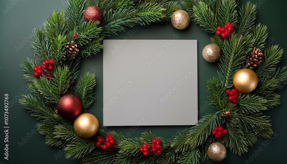 Overhead view of a blank piece of square paper in the middle of a coniferous Christmas wreath decorated with christmas baubles Overhead view of a blank piece of square paper in the middle of a coniferous Christmas wreath decorated with christmas baubles