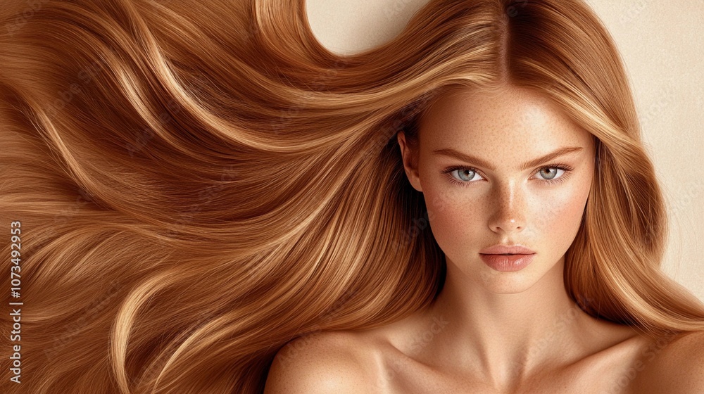 Beautiful woman with flowing light brown hair. Haircare, hair dye and cosmetics concept. Fashion portrait for poster, banner, packaging, design Beautiful woman with flowing light brown hair. Haircare, hair dye and cosmetics concept. Fashion portrait for poster, banner, packaging, design