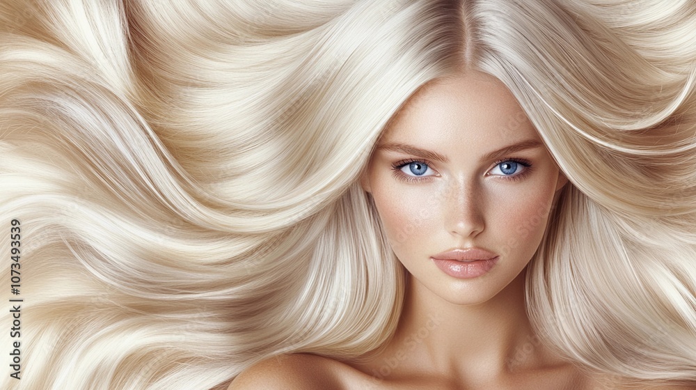 Beautiful woman with flowing platinum blonde hair. Haircare, hair dye and trichology concept. Fashion portrait for poster, banner, packaging, design Beautiful woman with flowing platinum blonde hair. Haircare, hair dye and trichology concept. Fashion portrait for poster, banner, packaging, design