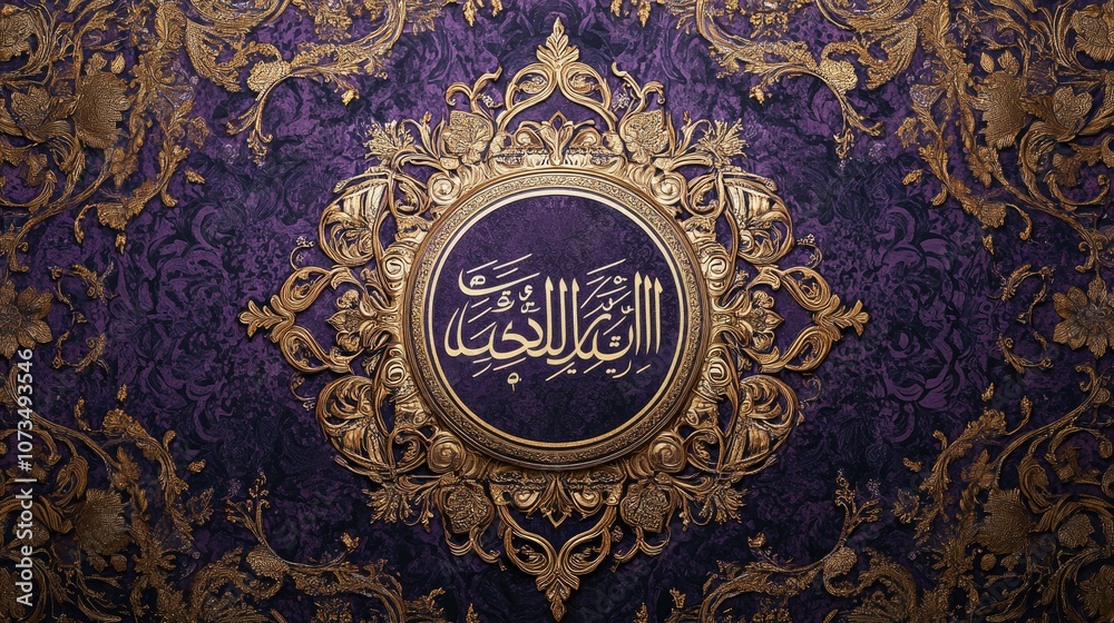 Ornate Arabic Art with Gold Details on Purple Background Ornate Arabic Art with Gold Details on Purple Background