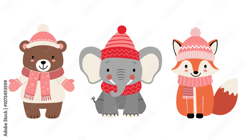Fototapeta premium Set of cute animals in winter clothes. Thickly clothed pets. Winter animals. Bear, elephant, fox.